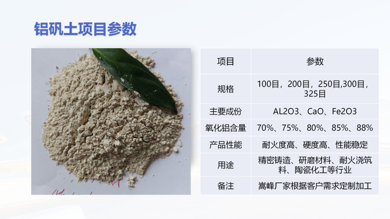 化工催化劑用鋁礬土熟料|高鋁細(xì)粉|骨料|耐火材料｜鑄造用鋁礬土廠家項(xiàng)目參數(shù)圖
